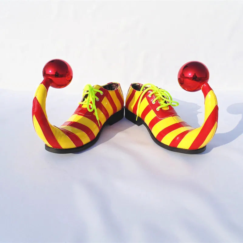 Adults Halloween Clown Cosplay Shoes Funny Circus Club Clown Performance Stripe Clown Shoes With Red Ball Carnival Cosplay Shoes - Big Tim's Magic Emporium