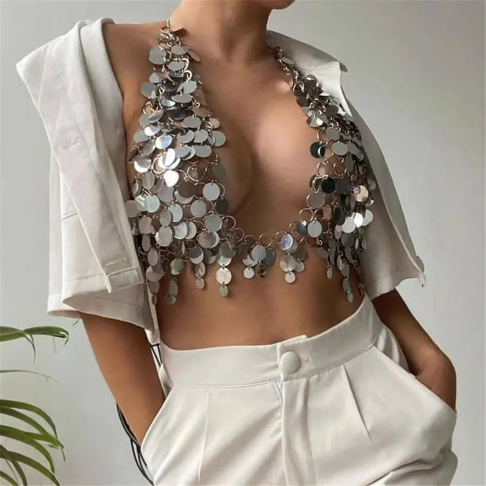 European & American Hot Girl Style Sequined Hoop Strapless Top Multi-Layer Hand-Woven Chain Sexy Body Chain