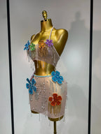 Colorful Rhinestone Pearl Sheer Dress & Two-Piece Mini Skirt Set Celebration Outfit