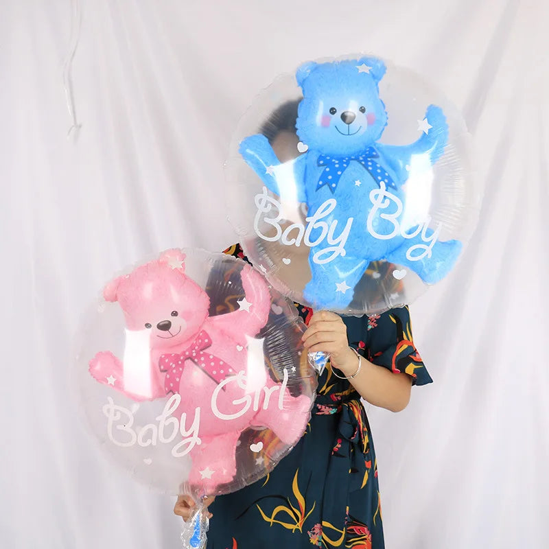 4D Transparent Baby Shower Boy Girl Bear Bubble Ball Kids 1st Birthday Party Blue Pink Helium Balloon Gender Reveal Decoration