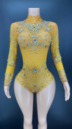 Sparkly Crystals Long-Sleeve Mesh Bodysuit Stage Performance Costume
