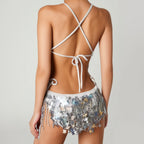 Sparkly Silver Beaded Sequin Samba Leotard Bodysuit & Necklace Set