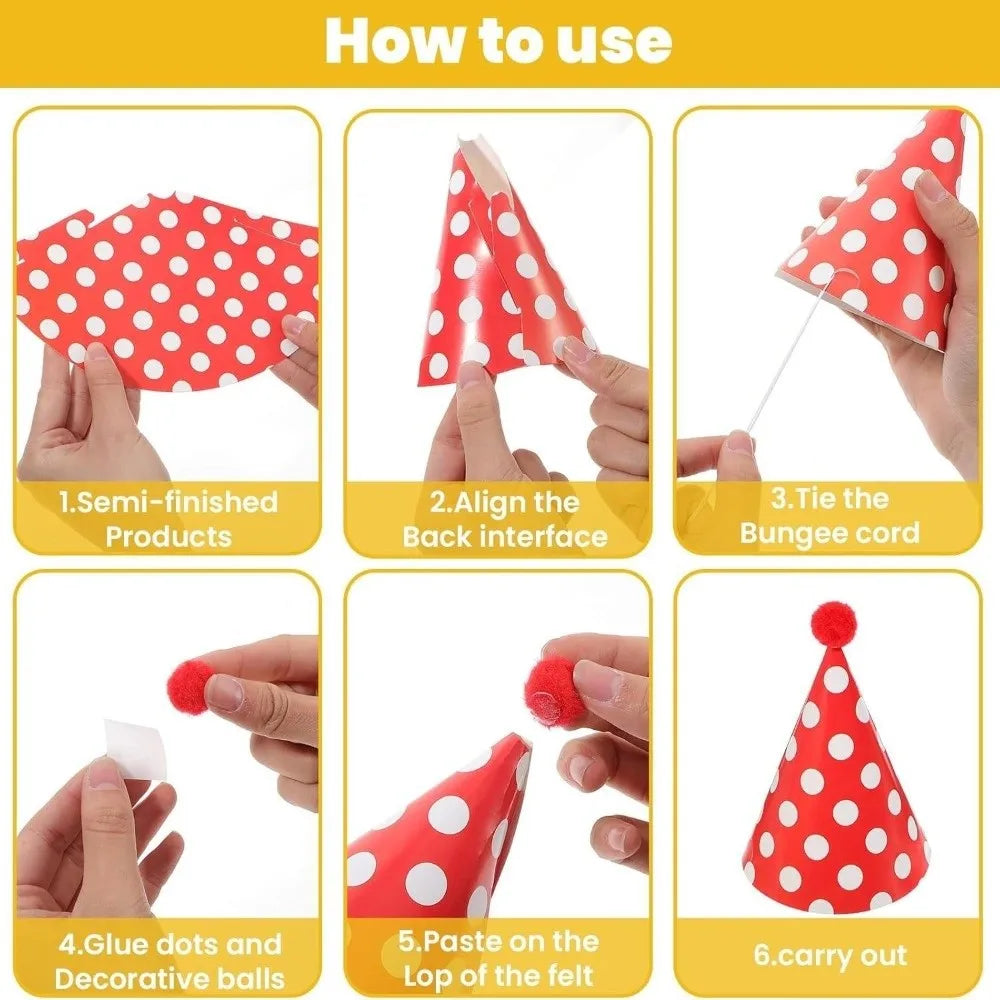 Polka Dot Birthday Party Hats with Pom Poms Paper Party Cone Hats Colorful DIY Handmade Baby Birthday Headband Boy Girl Gifts - Big Tim's Magic Emporium