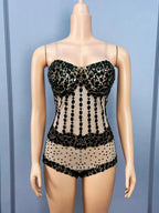 Sparkly Rhinestone Black Bodycon Sheer Mesh Bodysuit Nightclub Stage Outfit