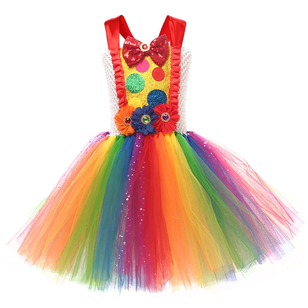 Clown Multicolored Circus Costume for Girls Funny Joker Halloween Tutu Dress Kids Fancy Birthday Party Pageant Carnival Clothes - Big Tim's Magic Emporium