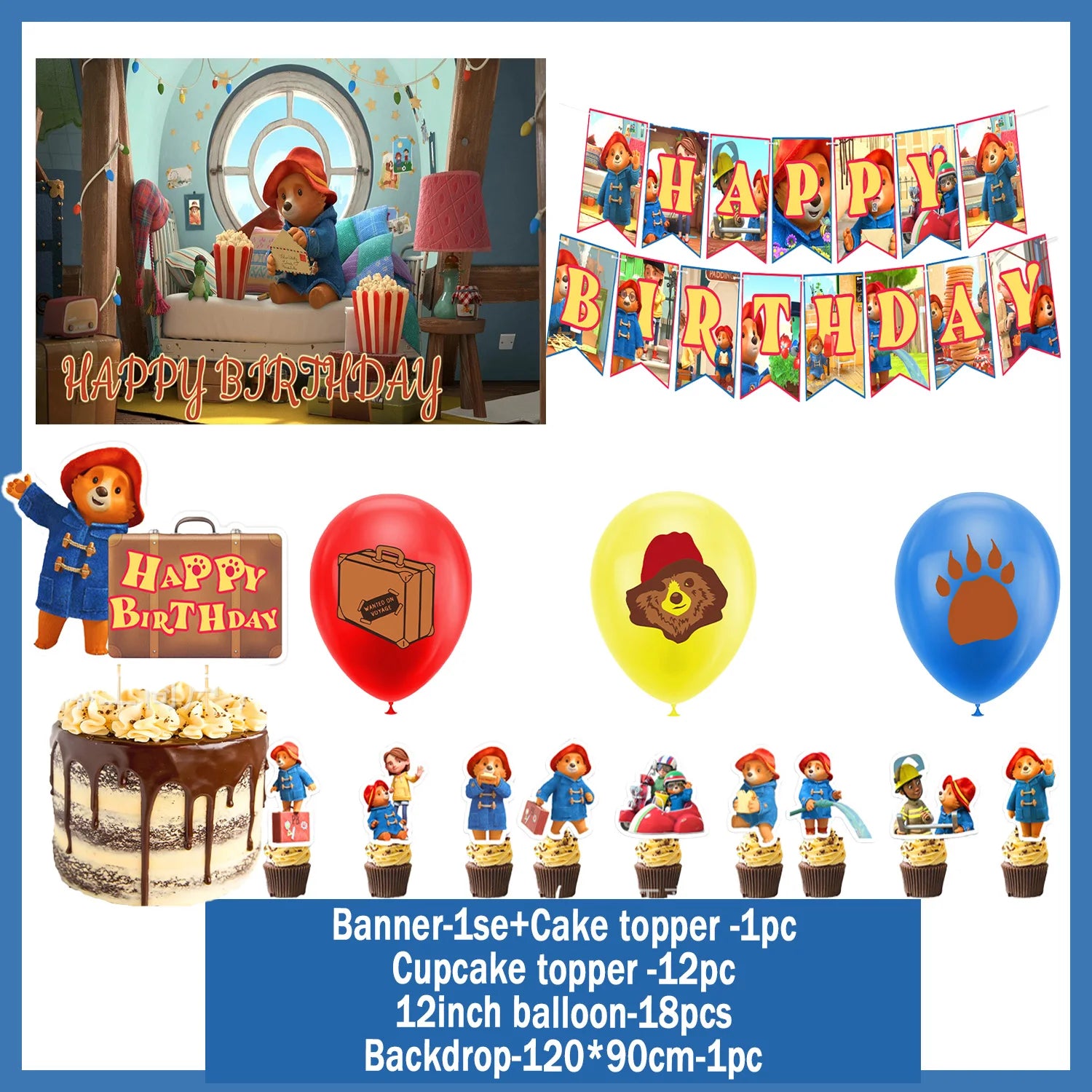 Cartoon&Paddingtons Party Supplies Happy Birthday Banner Bears Balloons Cupcake Toppers Backdrop Kids Birthday Baby Shower Gift