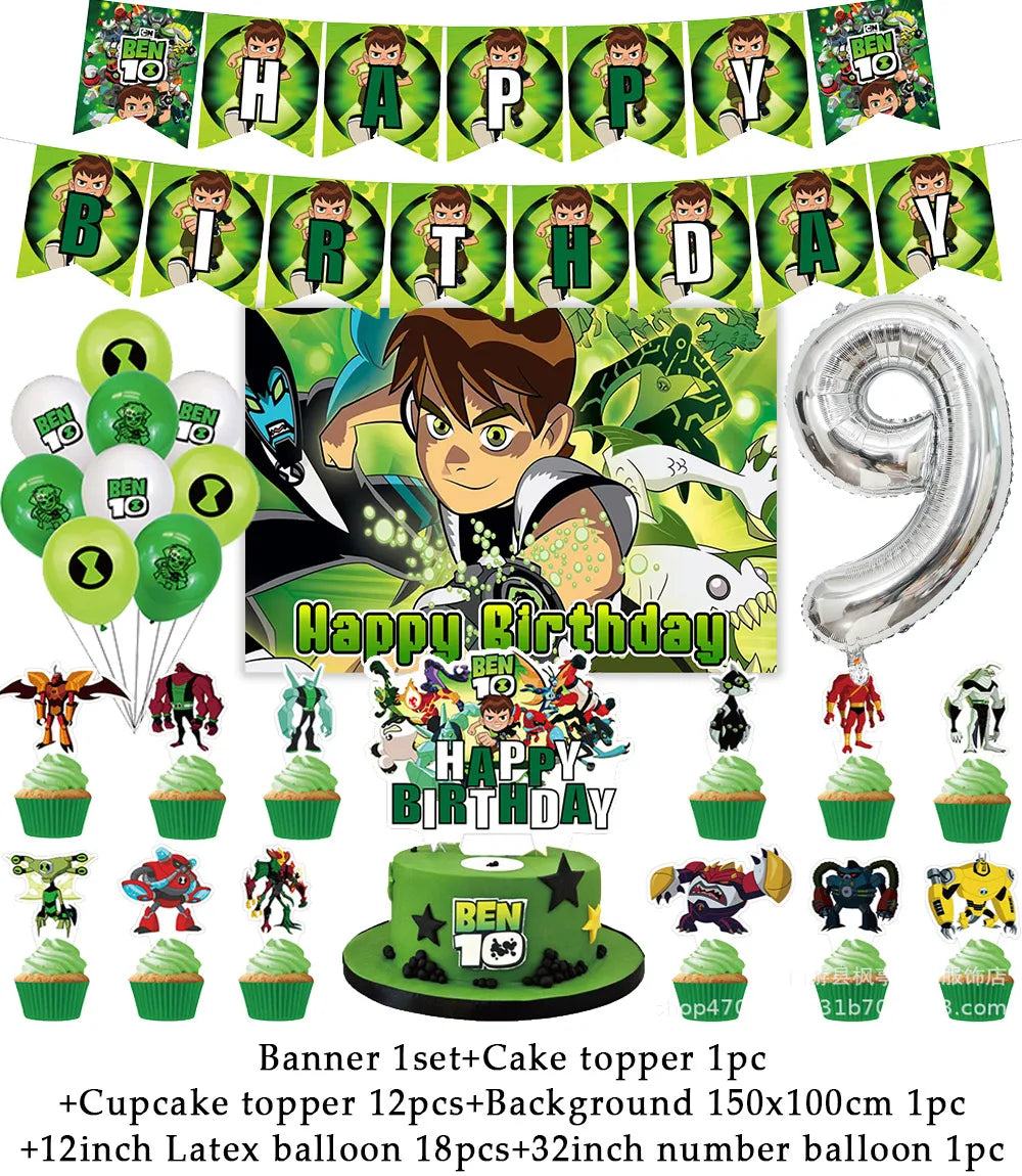 Cartoon Ben-10 Birthday Party Decoration Balloons Favor Set Banner Cake Toppers Baby Shower Boys Gift Party Supplies Photo Prop