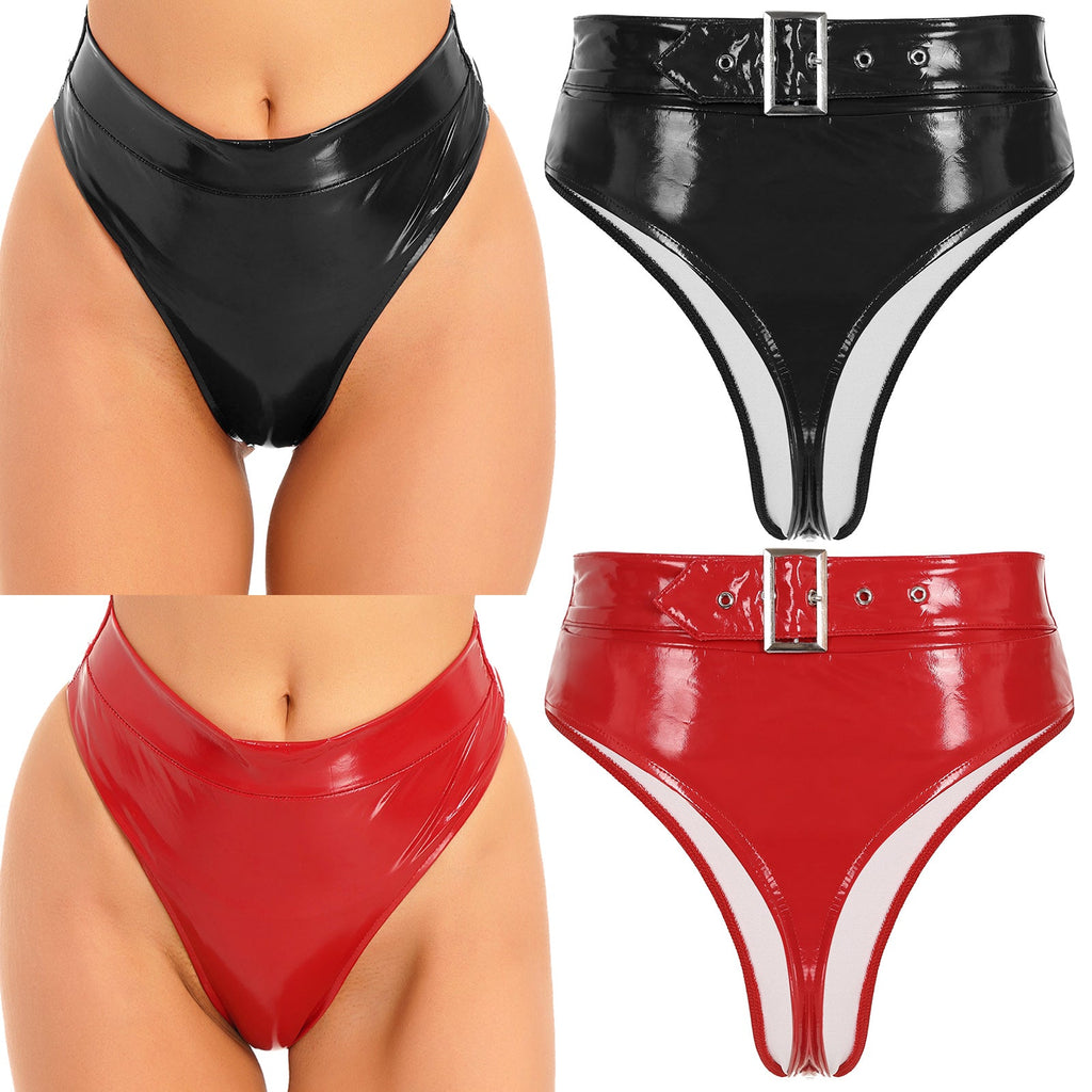 High-Waist Patent Leather Wet-Look Briefs with Adjustable Back Buckle Belt