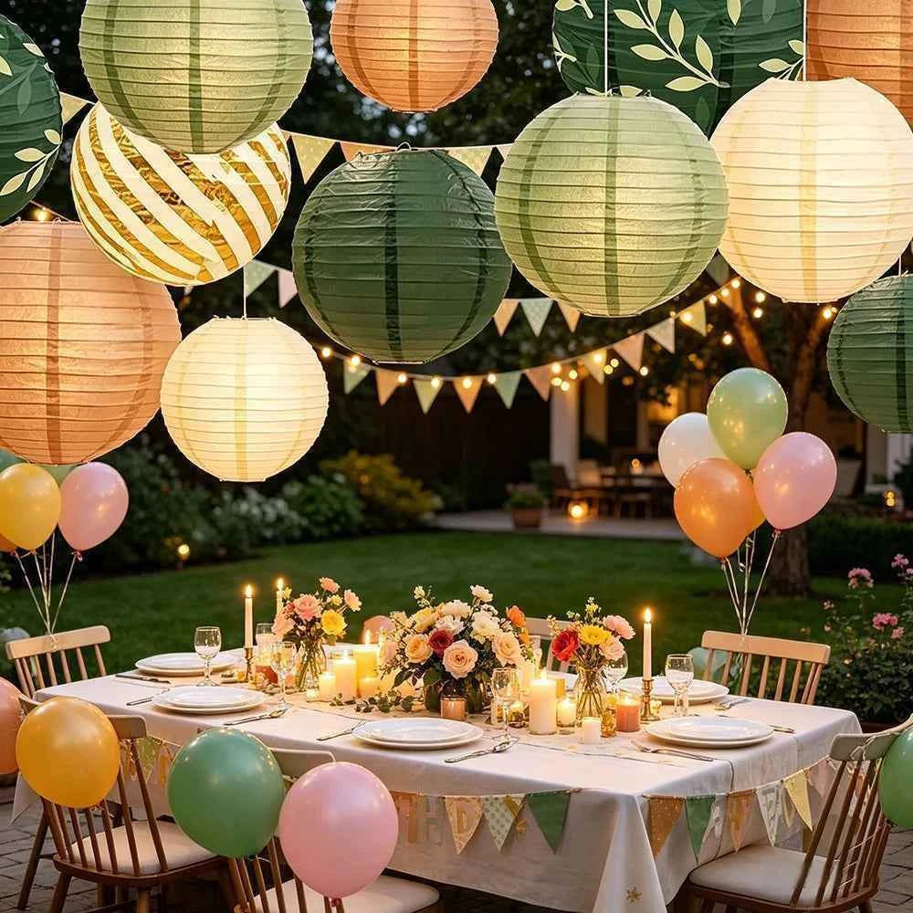 12PCS Sage Green Paper Lanterns Rustic Wedding Decorations Background Retro Green Lantern Holiday Props Birthday Party Supplies
