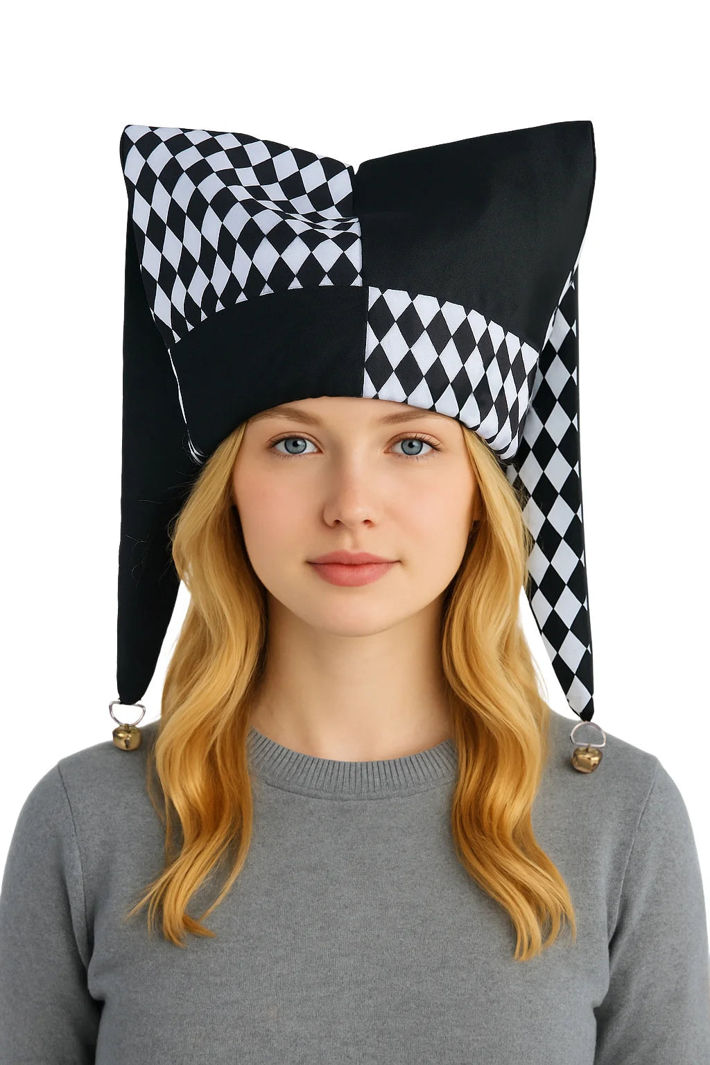 Jester Costume Hat Women Harlequin Jester Halloween Party Fancy Chessboard Lattice Jester Cap With Gold Bells Headpiece - Big Tim's Magic Emporium