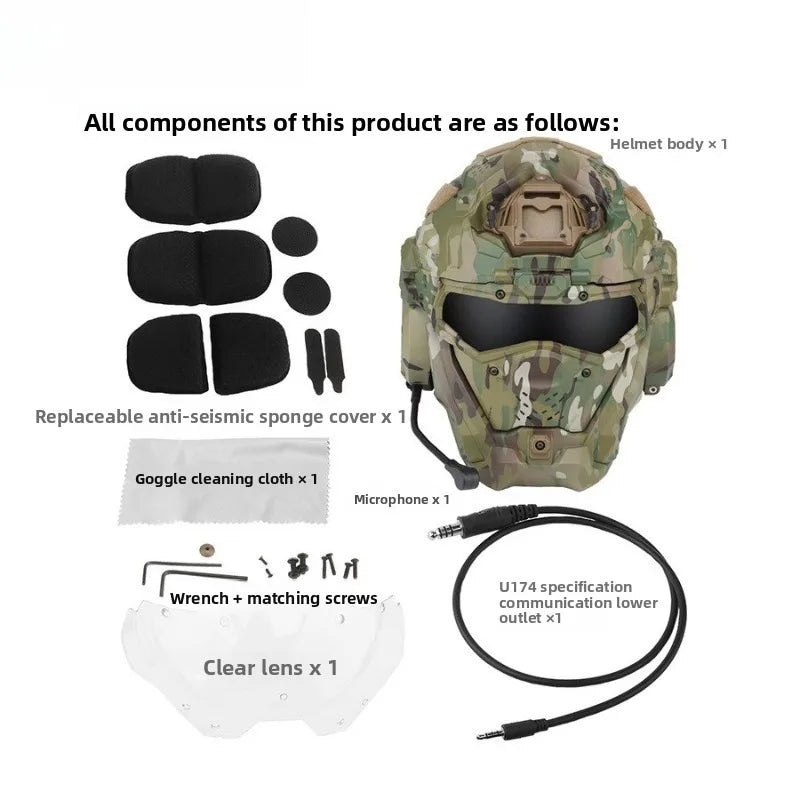 Full Face Helmet with Built-in HD Earphone, Flip-Up Mask & Anti-Fog Fan, Replaceable Lens & NVG Mount for Game/Role-Play/Riding