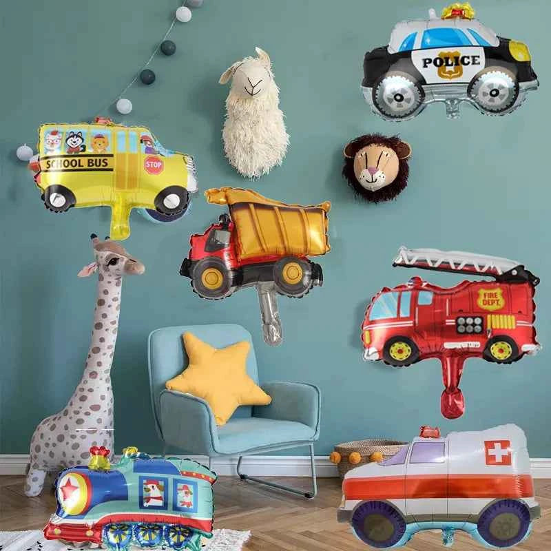 5 random mini transportation balloons, mini trains, school buses, fire trucks, balloons, cars, themed birthday party decorations
