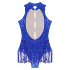 Glitter Sequin Fringe Latin Dance Leotard & Backless Performance Bodysuit