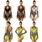 Leopard Cutout Bodysuit & Fringe Sleeves 2-Piece Latin Ballroom Stage Costume Set