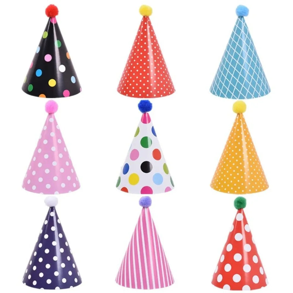Polka Dot Birthday Party Hats Colorful Paper Party Cone Hats with Pom Poms DIY Handmade Birthday Crown Hat Birthday Photo Props - Big Tim's Magic Emporium