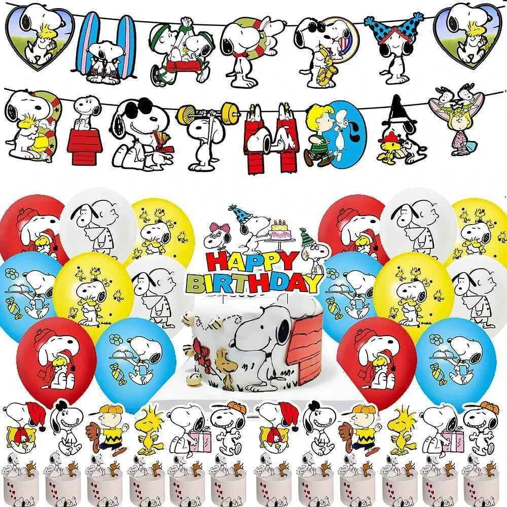 Cartoon Snoopys Birthday Decoration Set Banners Cake Toppers Balloons Backdrops Kids Birthday Gifts Baby Shower Party Supplies