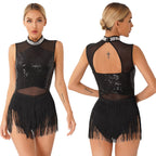 Women Sequins Diamond Latin Jazz Dance Costume Sleeveless Cutout Back Flowy Tassel Dress Leotard Tango Cha-Cha Samba Dancewear
