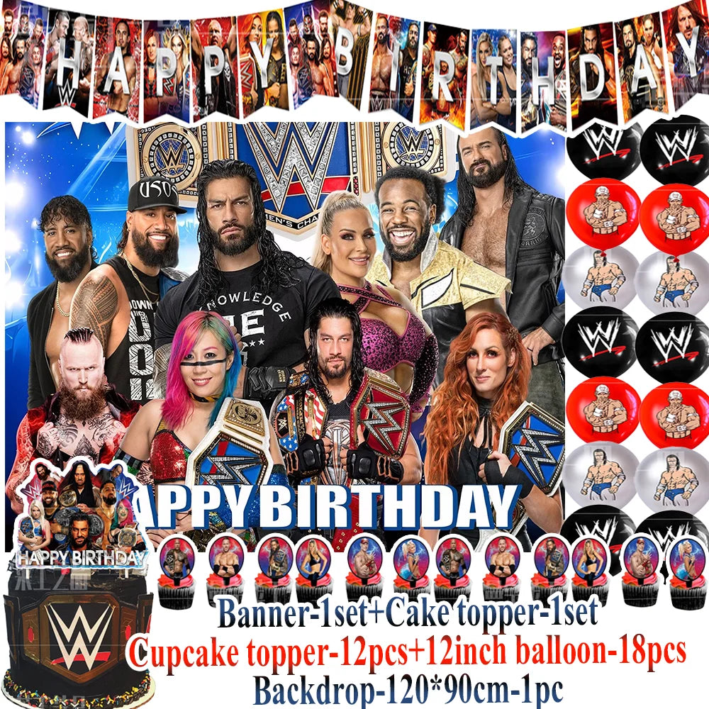 Sport-&Wrestling&Triathlon Boys Birthday Party Supplies Decor Boxing Match Balloon Cake Topper Banner Backdrop Baby Shower Props
