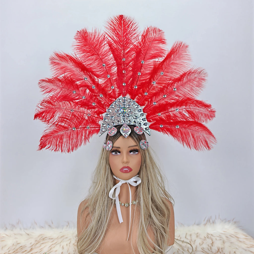 Artisanal Ostrich Feather Showgirl Headdress & Carnival Hair Accessory