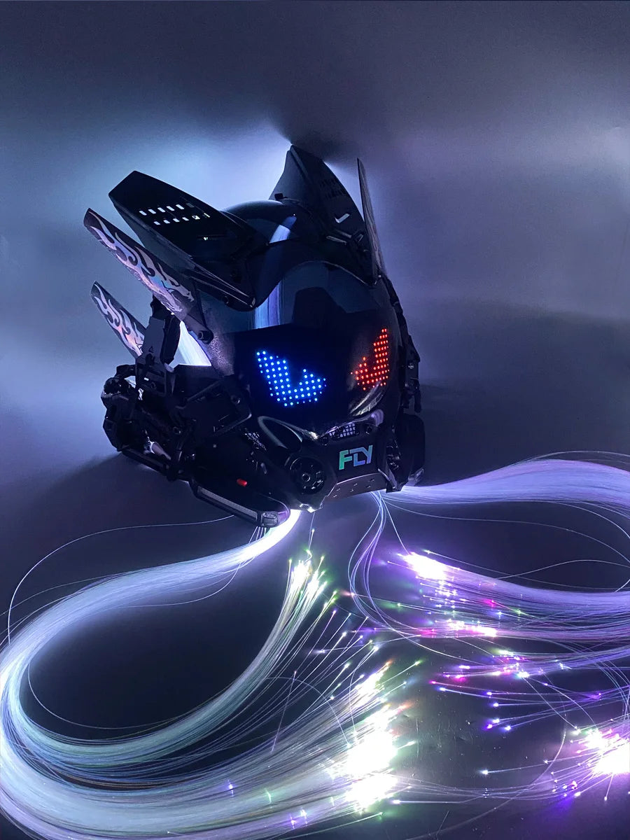 Cyber Punk Mask Mech Warrior Cosplay Helmet With LED Color Screen With Light Up Braids Cosplay Helmet Halloween Party Props Gift - Big Tim's Magic Emporium