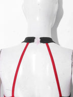 Circus Harlequin Clown Plaid Halter Bodysuit & Arm Sleeves 2-Piece Cosplay Costume Set
