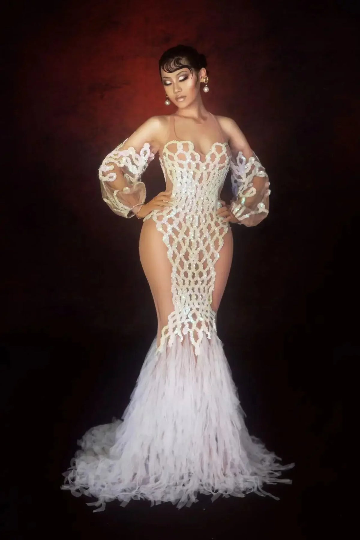 Silver Glitter Sequin Mesh Floor-Length Showgirl Gown – Glamour Stage Performance & Evening Gala Dress