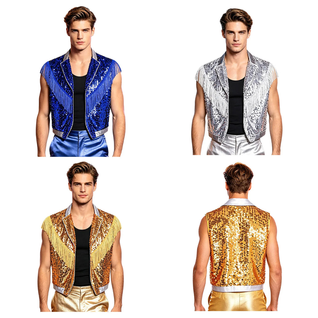 Men's Metallic Sequin Tassel Open-Front Vest Lapel Collar Sleeveless Stage Dance Waistcoat