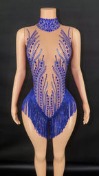 Sparkly Rhinestone, Sequin & Fringe Sleeveless Bodysuit Stage Performance Costume