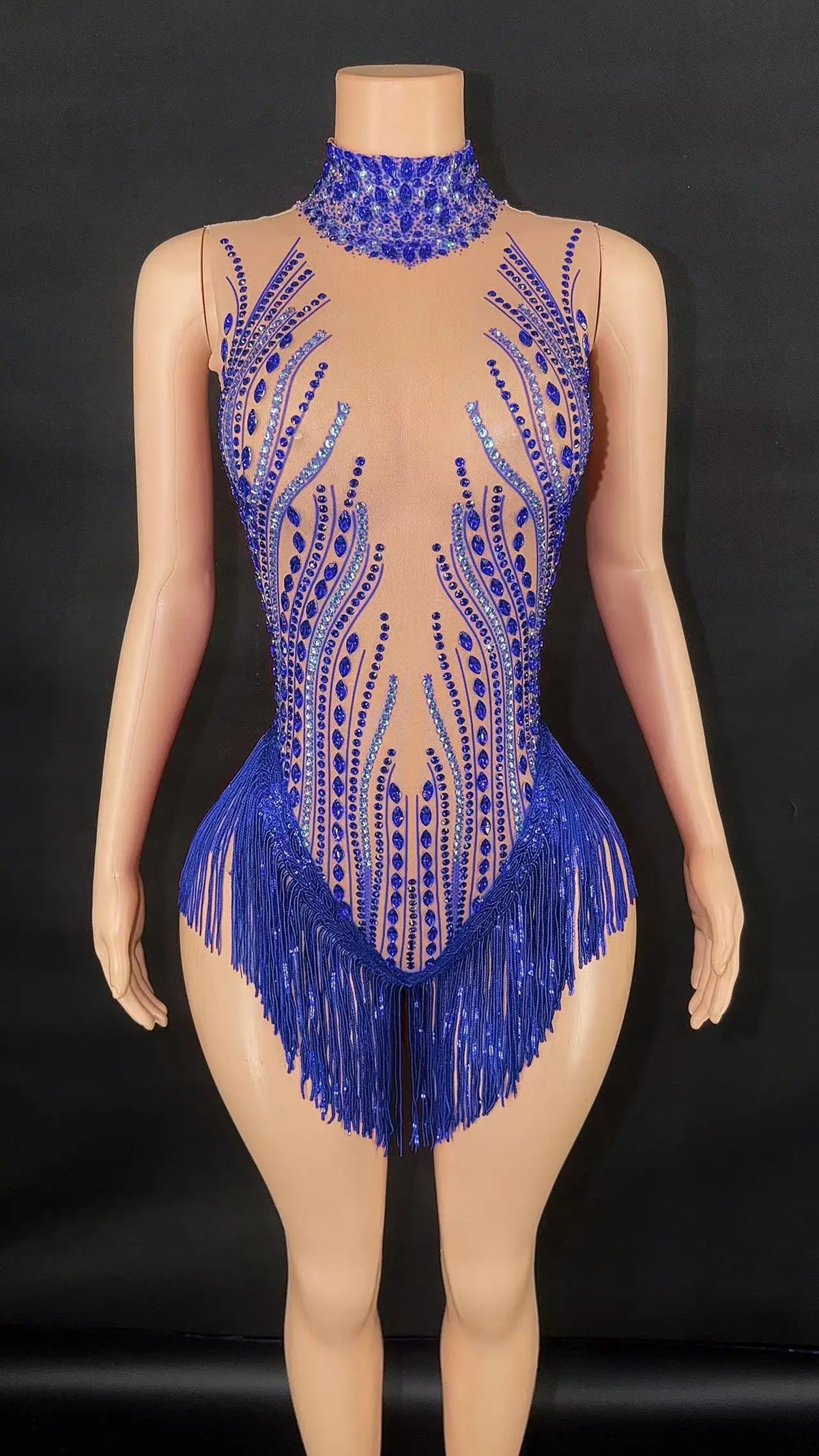 Sparkly Rhinestone, Sequin & Fringe Sleeveless Bodysuit Stage Performance Costume