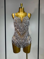 Sparkly Rhinestone Tassel Backless Mesh Bodysuit Luxury Stage Performance Costume