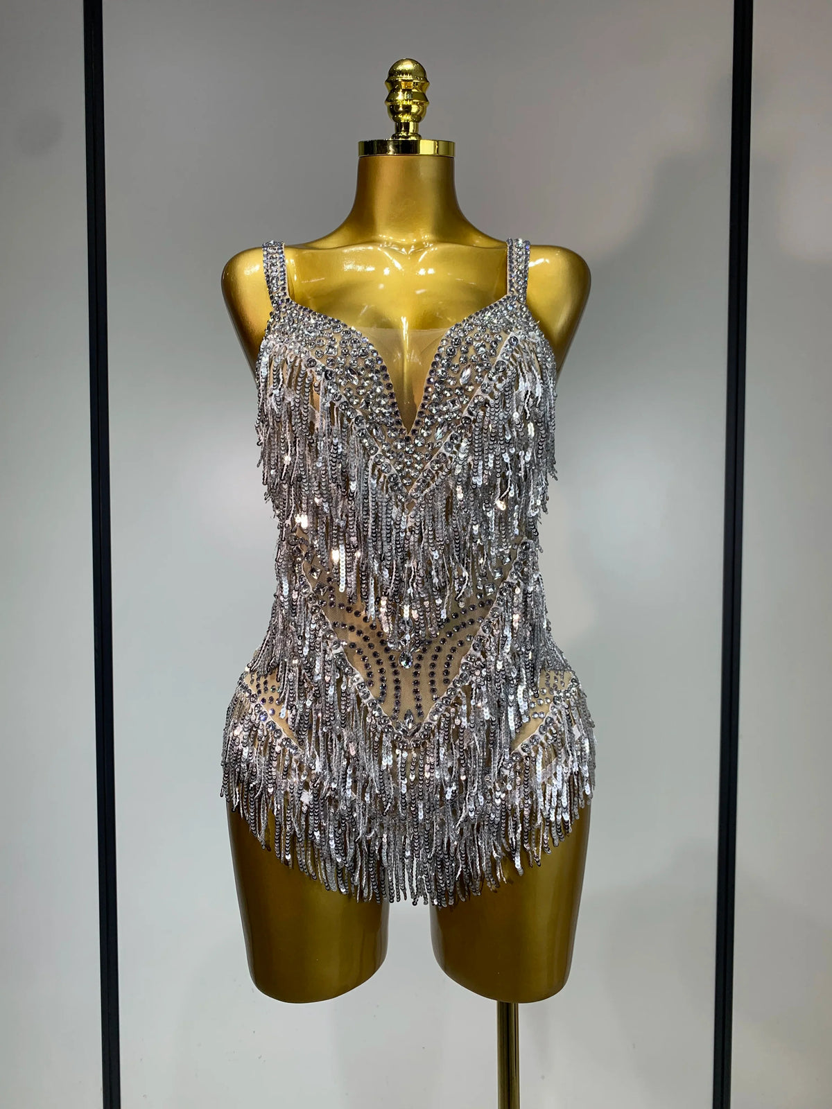 Sparkly Rhinestone Tassel Backless Mesh Bodysuit Luxury Stage Performance Costume