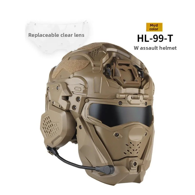 Full Face Helmet with Built-in HD Earphone, Flip-Up Mask & Anti-Fog Fan, Replaceable Lens & NVG Mount for Game/Role-Play/Riding
