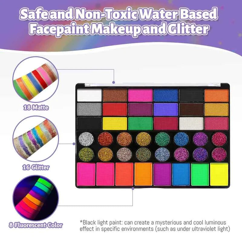 42 Colors Water-Based Face Paint Palette Neon Fluorescent Shades with Glitter Sequins for Art, Festivals, Cosplay Makeup