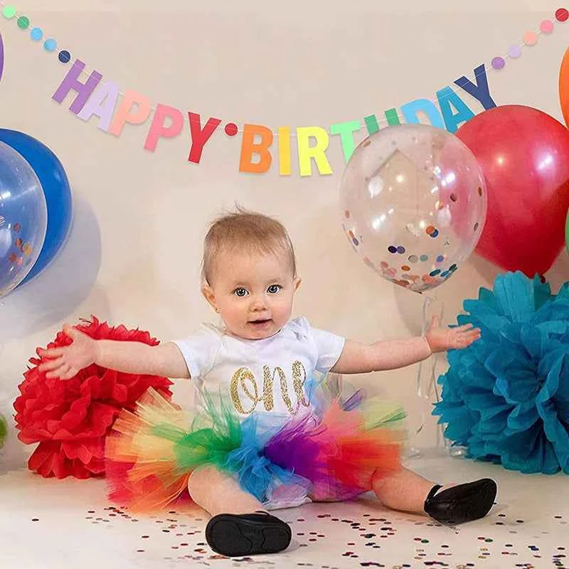 Rainbow Color Happy Birthday Banner Paper Garland Kids 1st Birthday Party Hanging Flags Decoration Rainbow Theme Party Supplies