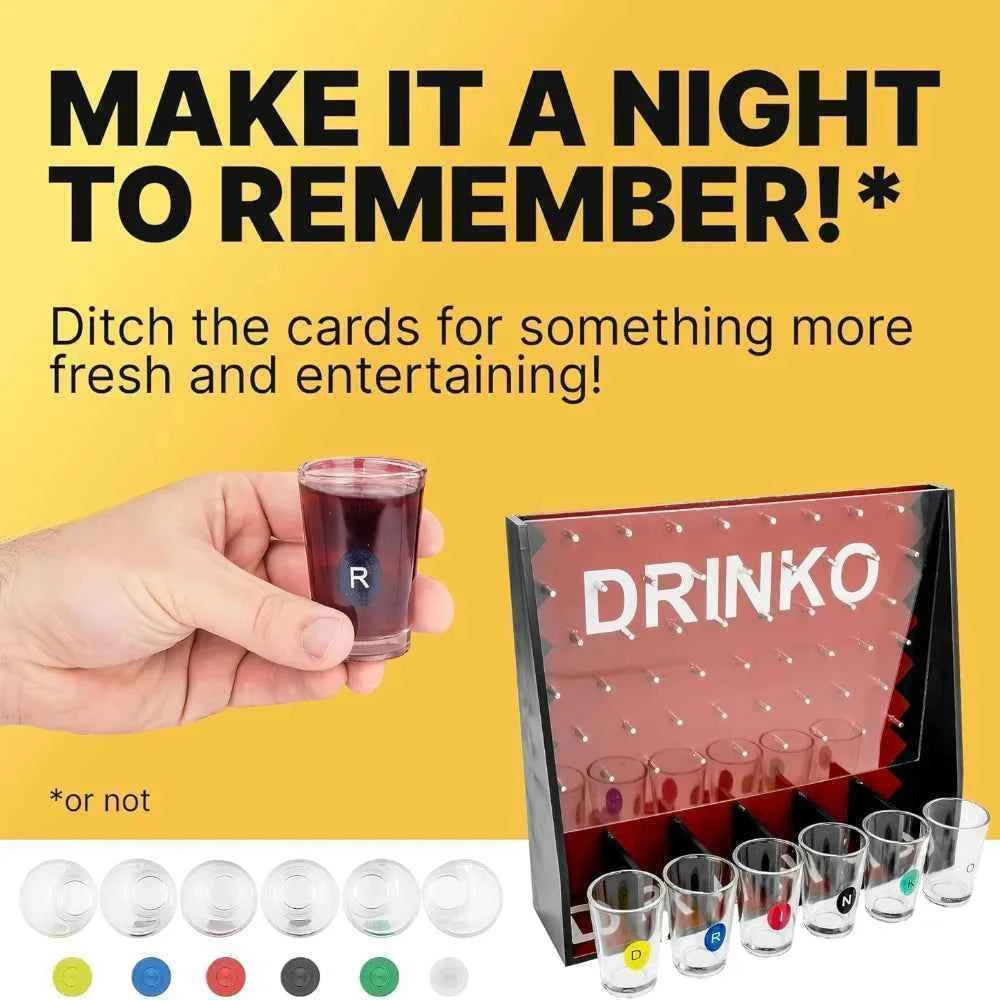 Drinko Drinking Game, Social Shot Glass Party Fun for Groups & Couples - Multicolor, Glass Shots, Durable Board with Metal Pegs