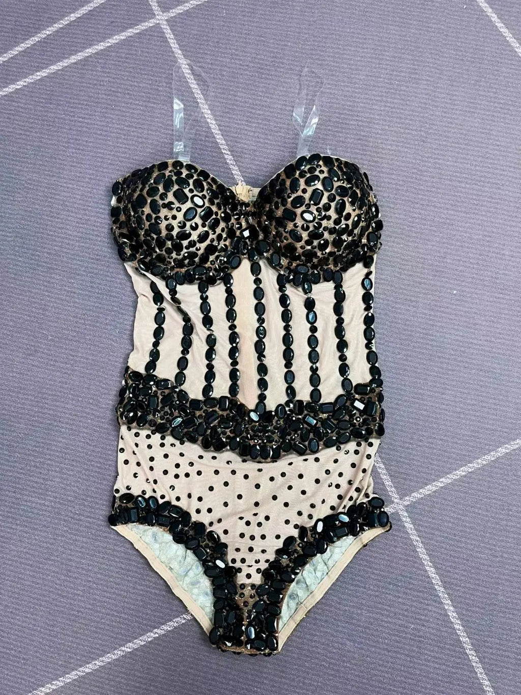 Sparkly Rhinestone Black Bodycon Sheer Mesh Bodysuit Nightclub Stage Outfit