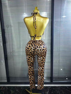Women's Leopard Print Diamond Chain 2-Piece Bodycon Set | Slim Sequin Outfit for Nightclub & Stage