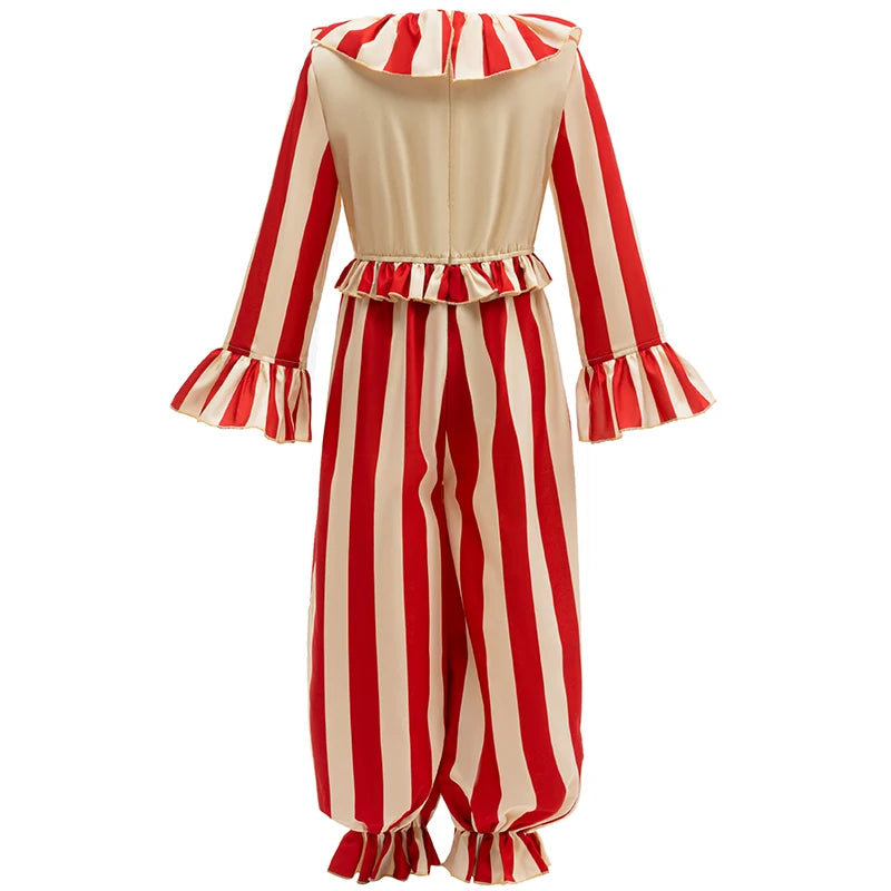 Kids Horror Movie Corn Clown Cosplay Costume Carnival Red Striped Jumpsuits Rainbow Wigs Girls Boys Joker Halloween Costume - Big Tim's Magic Emporium
