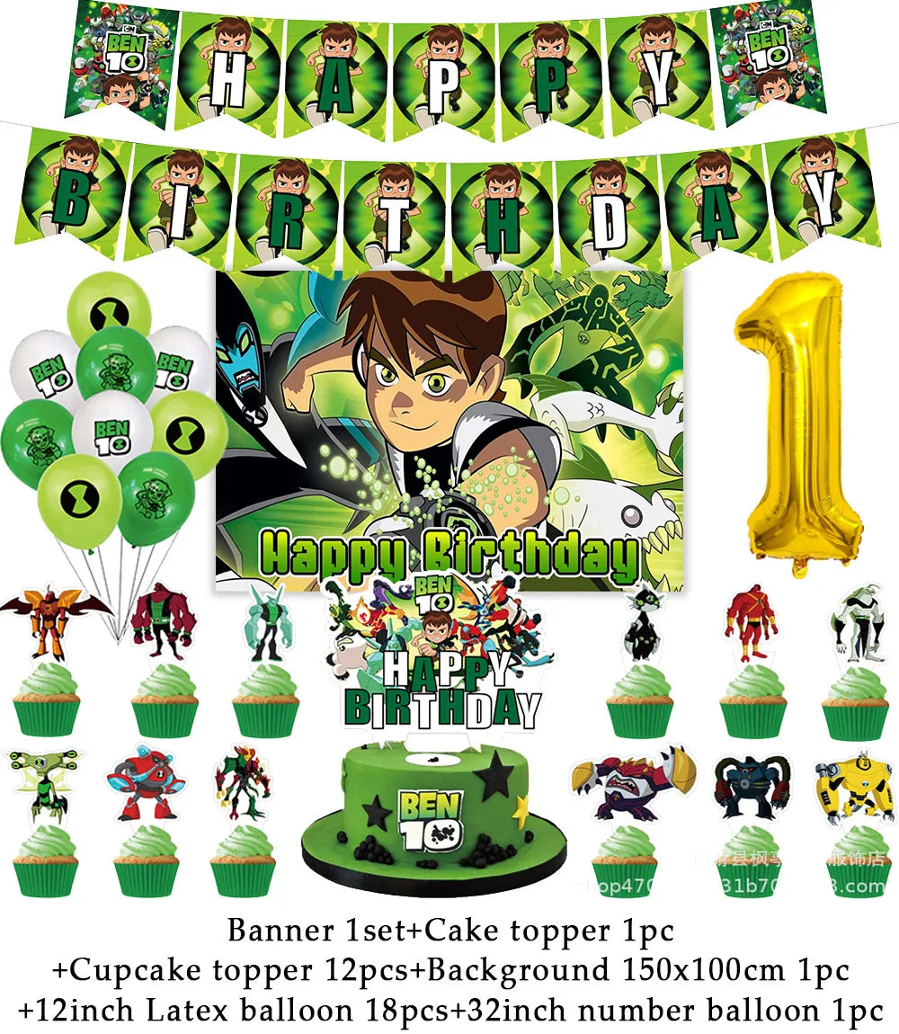 Cartoon Ben-10 Birthday Party Decoration Balloons Favor Set Banner Cake Toppers Baby Shower Boys Gift Party Supplies Photo Prop