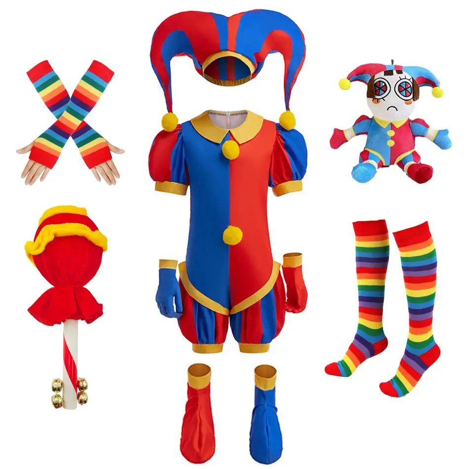 Boys Girls Clown Cosplay Costume Kids Pom Pom Jester Outfit for Halloween Carnival Show - Big Tim's Magic Emporium