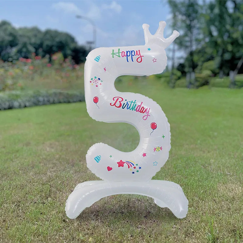 Birthday Digital Balloon White Standing 32 inch Happy Birthday Printed Aluminum Film Birthday Party Crown Balloon