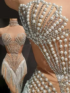 Sparkly Rhinestone, Pearl & Tassel Transparent Performance Dress Stage Costume