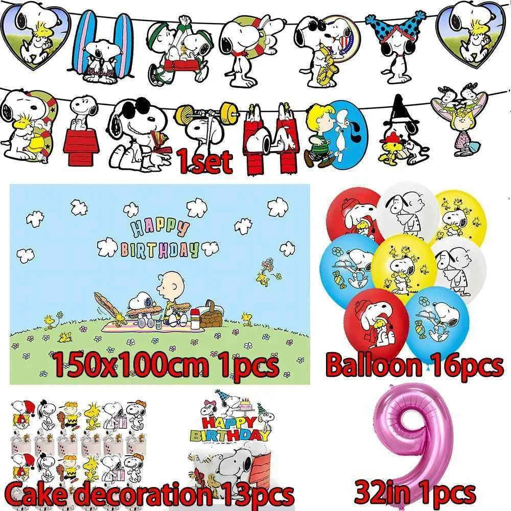 Cartoon Snoopys Birthday Decoration Set Banners Cake Toppers Balloons Backdrops Kids Birthday Gifts Baby Shower Party Supplies
