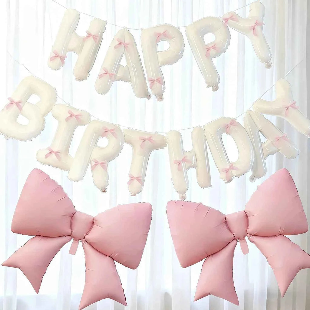 White Happy Birthday banner balloon and light pink bow balloon with pink ribbon bow, birthday party decoration
