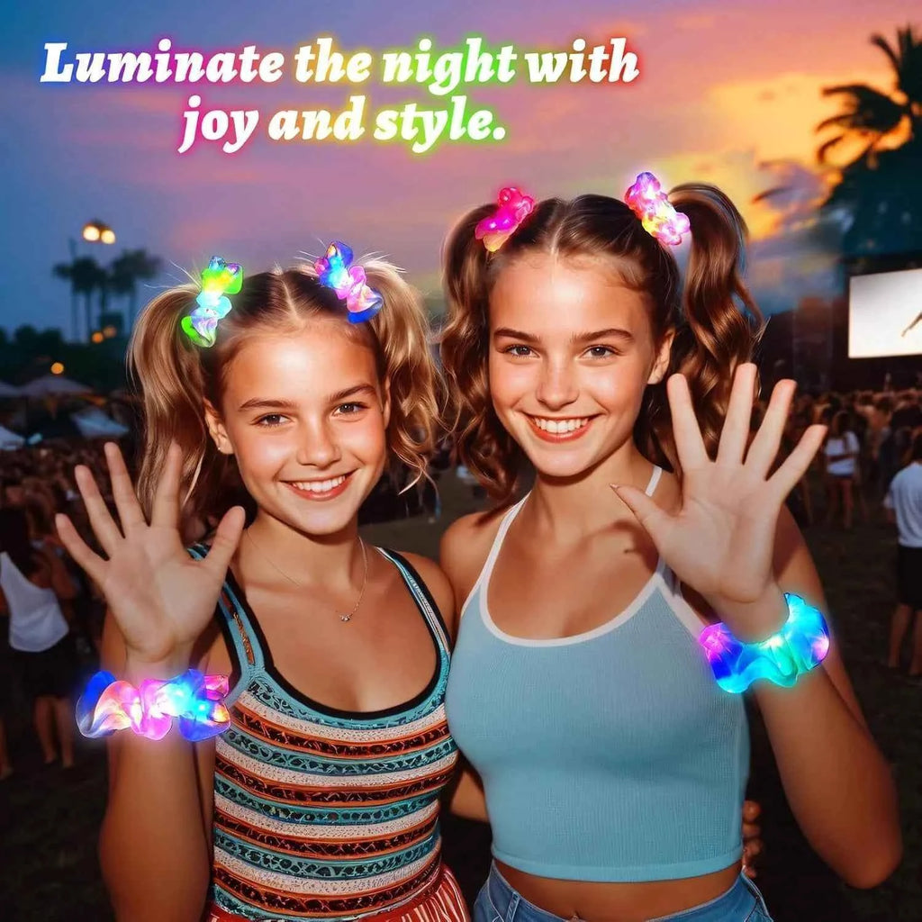 100pcs LED Scrunchies Girl Luminous Flashing Hair Scrunchy Light Up Hairbands Party Favors Glow In The Dark Supplies
