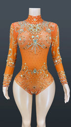 Sparkly Crystals Long-Sleeve Mesh Bodysuit Stage Performance Costume
