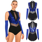 Sparkly Sequin Mock Neck Dance Leotard & Gloves Two-Piece Bodysuit Set