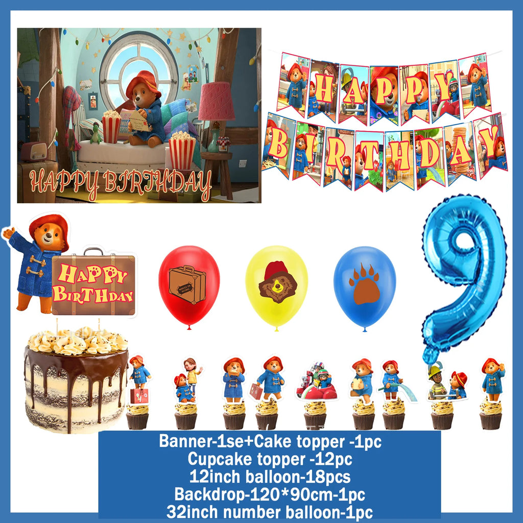 Cartoon&Paddingtons Party Supplies Happy Birthday Banner Bears Balloons Cupcake Toppers Backdrop Kids Birthday Baby Shower Gift