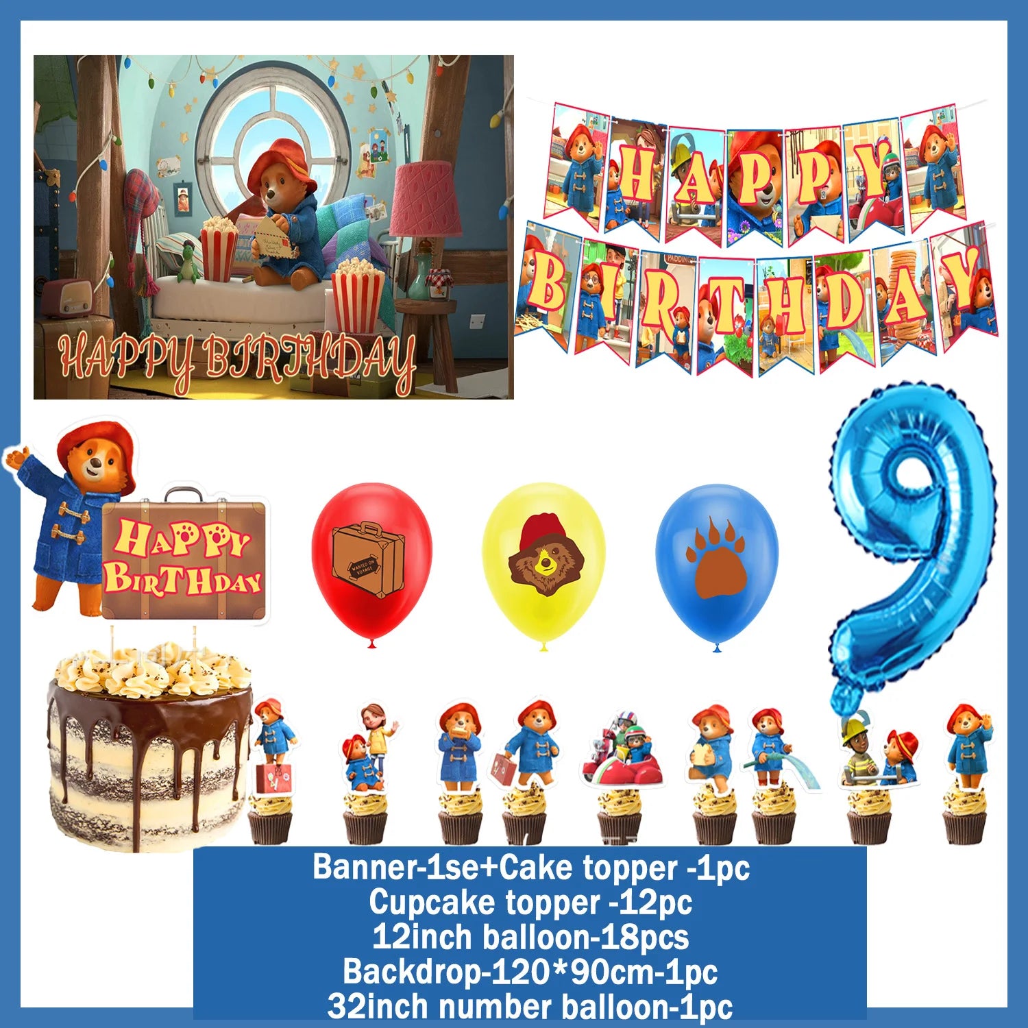 Cartoon&Paddingtons Party Supplies Happy Birthday Banner Bears Balloons Cupcake Toppers Backdrop Kids Birthday Baby Shower Gift
