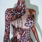 Leopard Sequin Fringe Asymmetrical Bodysuit One-Sleeve Stage Performance Costume
